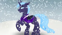 Size: 1920x1080 | Tagged: safe, artist:puginpocket, derpibooru import, oc, oc:nihea tamin, unofficial characters only, changeling, armor, blue mane, blue tail, changeling oc, folded wings, image, male, png, smiling, snow, snowfall, solo, tail, wings