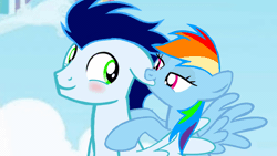 Size: 1920x1080 | Tagged: safe, artist:mlplary6, derpibooru import, rainbow dash, soarin', pegasus, pony, animated, biting, blushing, ear bite, female, gif, image, looking at each other, looking at someone, male, mare, nom, shipping, smiling, soarindash, stallion, straight