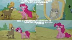 Size: 2000x1125 | Tagged: safe, derpibooru import, edit, edited screencap, screencap, cranky doodle donkey, pinkie pie, donkey, earth pony, pony, a friend in deed, duo, image, png, wig