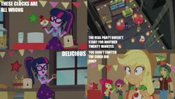 Size: 2000x1124 | Tagged: safe, derpibooru import, edit, edited screencap, editor:quoterific, screencap, apple bloom, applejack, sandalwood, sci-twi, scootaloo, twilight sparkle, equestria girls, equestria girls series, holidays unwrapped, spoiler:eqg series (season 2), cardboard cutout, geode of super strength, geode of telekinesis, image, magical geodes, png, the cider louse fools