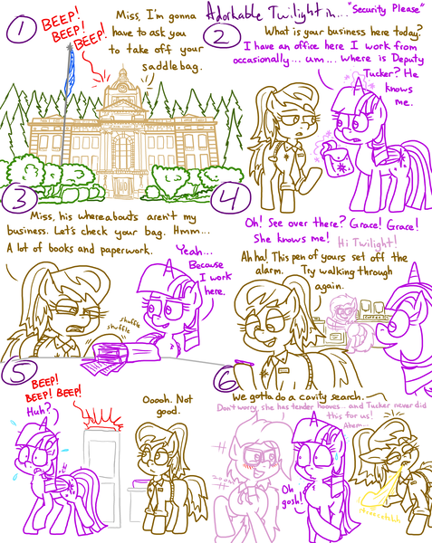 Size: 4779x6013 | Tagged: safe, artist:adorkabletwilightandfriends, derpibooru import, grace manewitz, twilight sparkle, twilight sparkle (alicorn), oc, oc:wyanna, alicorn, pony, comic:adorkable twilight and friends, adorkable, adorkable twilight, alarm, badge, bag, belt, blushing, book, building, butt, cavity search, clothes, comic, courthouse, cute, dork, female, flag, flag pole, flustered, forest, glasses, gloves, image, inspection, mare, name tag, plot, png, police, ponytail, saddle bag, sassy, scenery, searching, security, security guard, security officer, sheriff, slice of life, smiling, tree, waving