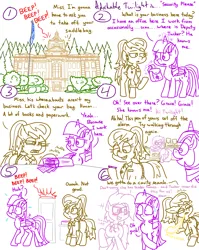 Size: 4779x6013 | Tagged: safe, artist:adorkabletwilightandfriends, derpibooru import, grace manewitz, twilight sparkle, twilight sparkle (alicorn), oc, oc:wyanna, alicorn, pony, comic:adorkable twilight and friends, adorkable, adorkable twilight, alarm, badge, bag, belt, blushing, book, building, butt, cavity search, clothes, comic, courthouse, cute, dork, female, flag, flag pole, flustered, forest, glasses, gloves, image, inspection, mare, name tag, plot, png, police, ponytail, saddle bag, sassy, scenery, searching, security, security guard, security officer, sheriff, slice of life, smiling, tree, waving