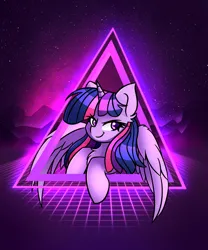 Size: 1500x1800 | Tagged: safe, artist:rejiser, derpibooru import, twilight sparkle, twilight sparkle (alicorn), alicorn, pony, black background, female, image, looking at you, mare, neon, png, retrowave, simple background, smiling, smiling at you, smug, solo, synthwave, triangle