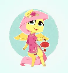 Size: 781x838 | Tagged: safe, artist:cerchioneros, derpibooru import, fluttershy, pegasus, semi-anthro, cheongsam, clothes, dress, hair accessory, hoof hold, image, jpeg, lantern, looking at you, lunar new year, paper lantern, smiling, smiling at you, solo