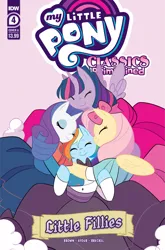 Size: 2063x3131 | Tagged: safe, derpibooru import, idw, fluttershy, rainbow dash, rarity, twilight sparkle, twilight sparkle (alicorn), alicorn, pegasus, pony, unicorn, clothes, comic cover, dress, eyes closed, hug, image, little fillies, little women, my little pony classics reimagined: little fillies, official comic, png, ribbon, simple background, smiling