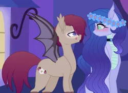 Size: 3156x2316 | Tagged: safe, artist:pastelnightyt, derpibooru import, oc, oc:joyful night, oc:ribbon flare, unofficial characters only, bat pony, dracony, dragon, hybrid, pony, base used, female, floral head wreath, flower, image, interspecies offspring, male, mare, offspring, parent:rarity, parent:spike, parents:sparity, png, stallion
