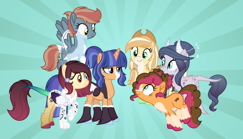 Size: 2459x1415 | Tagged: safe, artist:pastelnightyt, derpibooru import, oc, oc:caramel pear, oc:harmony (pastelnightyt), oc:nova antares, oc:prism bolt (pastelnightyt), oc:siveth, oc:strawberry chocolate, unofficial characters only, alicorn, dracony, dragon, earth pony, hybrid, pony, unicorn, base used, female, glow, glowing horn, horn, image, interspecies offspring, magic, magic aura, mare, next generation, offspring, parent:applejack, parent:cheese sandwich, parent:discord, parent:fire streak, parent:flash sentry, parent:flim, parent:fluttershy, parent:pinkie pie, parent:rarity, parent:spike, parent:sunset shimmer, parent:twilight sparkle, parents:cheesepie, parents:discoshy, parents:flashlight, parents:flimjack, parents:sparity, parents:sunsetstreak, png, unshorn fetlocks