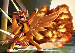 Size: 1750x1237 | Tagged: safe, artist:jamescorck, derpibooru import, scootaloo, pegasus, pony, clothes, costume, crossover, explosion, image, png, pose, power rangers, solo, spread wings, super sentai, uniform, wings