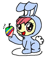 Size: 290x362 | Tagged: safe, artist:sukaponta, derpibooru import, apple bloom, earth pony, pony, animal costume, apple, bunny costume, clothes, costume, female, filly, foal, food, image, jpeg, open mouth, simple background, solo, white background, zap apple