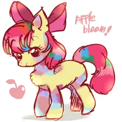 Size: 600x600 | Tagged: safe, artist:tsukuda, derpibooru import, apple bloom, earth pony, pony, apple, chest fluff, female, filly, foal, food, image, png, simple background, solo, text, white background