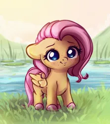 Size: 1692x1904 | Tagged: safe, artist:miokomata, derpibooru import, fluttershy, pegasus, pony, chibi, colored hooves, cute, daaaaaaaaaaaw, female, floppy ears, freckles, freckleshy, grass, image, jpeg, mare, pond, shyabetes, smiling, solo, water, weapons-grade cute