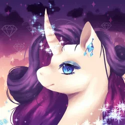 Size: 1024x1024 | Tagged: safe, artist:brot-art, derpibooru import, rarity, pony, unicorn, curved horn, cute, ear piercing, earring, eyeshadow, female, glow, glowing horn, horn, image, jewelry, jpeg, lineless, magic, makeup, mare, piercing, raribetes, solo, sparkles