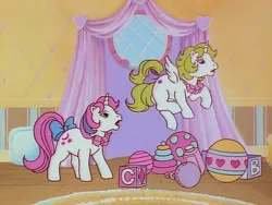 Size: 960x720 | Tagged: safe, derpibooru import, screencap, baby moondancer, baby surprise, alicorn, pony, unicorn, escape from catrina, my little pony 'n friends, animation error, baby, baby pony, ball, blocks, bow, duo, female, filly, flying, foal, g1, image, jewelry, necklace, nursery, png, spot the alicorn, spread wings, tail, tail bow, wings