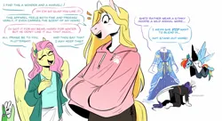 Size: 1537x836 | Tagged: safe, artist:redxbacon, derpibooru import, angel bunny, fluttershy, gummy, rainbow dash, rarity, oc, oc:candid, alligator, anthro, horse, pegasus, rabbit, unguligrade anthro, unicorn, animal, clothes, dialogue, dress, facial markings, funny background event, hairpin, hoodie, image, jpeg, simple background, white background