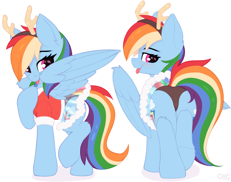 Size: 1467x1158 | Tagged: suggestive, artist:omi, derpibooru import, rainbow dash, pegasus, pony, antlers, butt, cameltoe, clothes, female, image, looking at you, mare, panties, plot, png, rear view, reindeer antlers, side view, simple background, smiling, solo, tongue out, underhoof, underwear, white background, wings