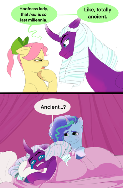 Size: 1779x2717 | Tagged: safe, artist:aztrial, derpibooru import, posey (g5), alicorn, earth pony, pony, unicorn, g5, spoiler:g5, 2 panel comic, bed, blanket, bow, comic, crying, curved horn, female, freckles, hair bow, horn, image, insult, mare, markings, mean, misty brightdawn, opaline arcana, pillow, png, ponytail, raised hoof, sad, sweat, sweatdrop, trio, unshorn fetlocks