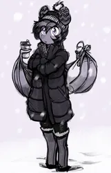 Size: 2159x3360 | Tagged: safe, artist:replica, derpibooru import, oc, oc:nolegs, unofficial characters only, anthro, bat pony, unguligrade anthro, bat pony oc, bat wings, beanie, boots, clothes, coffee, coffee cup, cup, female, hat, image, jpeg, looking at you, monochrome, pants, shoes, snow, solo, sweater, wings