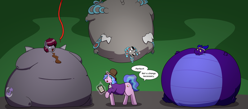 Size: 2381x1050 | Tagged: questionable, artist:defilerzero, derpibooru import, oc, oc:pressure limit, oc:veronica, unofficial characters only, bat pony, dragon, unicorn, abstract background, air inflation, bat pony oc, bat wings, blueberry inflation, charlie and the chocolate factory, dialogue, dragon oc, fat, feeding tube, floating, hat, image, inflation, kommo-o, non-pony oc, png, pokémon, speech bubble, spherical inflation, top hat, weight gain, willy wonka, willy wonka and the chocolate factory, wings