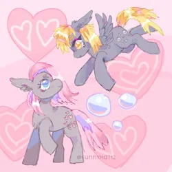 Size: 1000x1000 | Tagged: safe, artist:funnyhat12, derpibooru import, derpy hooves, snuzzle, earth pony, pegasus, pony, :o, cross-generational shipping, female, flying, g1, g4, heart, heart background, image, lesbian, looking at each other, looking at someone, mare, open mouth, png, raised hoof, shipping, smiling, spread wings, wings