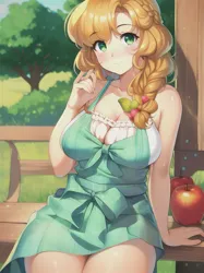 Size: 512x683 | Tagged: safe, derpibooru import, editor:sammykun, machine learning assisted, machine learning generated, novelai, stable diffusion, pear butter, human, anime style, apple, apron, bench, big breasts, bow, braid, breasts, busty pear butter, clothes, female, food, grass, grass field, hair bow, humanized, image, jpeg, milf, mommy, outdoors, sitting, solo, solo female, thighs, tree