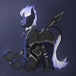 Size: 4000x4000 | Tagged: safe, artist:stardustspix, derpibooru import, oc, oc:derecho, kirin, armor, black sclera, broken horn, glow, glowing eyes, glowing mane, glowing tail, hammer, horn, image, kirin oc, magic, magic aura, male, png, runes, scales, scar, solo, tail, telekinesis, torn ear, war hammer, weapon