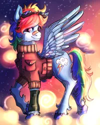 Size: 2388x2992 | Tagged: safe, artist:twiddletwum, derpibooru import, rainbow dash, pegasus, pony, bandaid, bandaid on nose, cheek fluff, clothes, female, goggles, goggles on head, high res, image, jacket, mare, png, smiling, solo, spread wings, sunset, unshorn fetlocks, wings