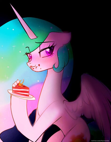 Size: 1074x1368 | Tagged: safe, artist:petaltwinkle, derpibooru import, princess celestia, alicorn, pony, blushing, cake, cake slice, cakelestia, concave belly, dark, eating, ethereal mane, eye clipping through hair, eyebrows, eyebrows visible through hair, female, food, image, jpeg, long mane, looking at you, mare, messy eating, partially open wings, slim, solo, thin, wings