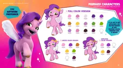 Size: 3536x1980 | Tagged: safe, derpibooru import, pipp petals, behind the scenes, color palette, g5, image, my little pony 2022 | core brand asset toolkit, png, raised hoof, reference sheet, style comparison, yellow-eyed pipp