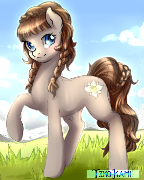 Size: 1200x1500 | Tagged: safe, artist:tokokami, derpibooru import, oc, oc:connie bloom, unofficial characters only, earth pony, pony, austria, earth pony oc, euro bronycon, female, image, looking at you, mare, mascot, png, raised hoof, signature, smiling, smiling at you, solo