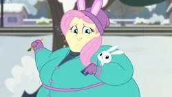 Size: 2560x1440 | Tagged: safe, artist:neongothic, derpibooru import, angel bunny, fluttershy, human, equestria girls, bbw, belly, big belly, bingo wings, breasts, bunny ears, busty fluttershy, carrot, chubby cheeks, clothes, coat, cute, double chin, fat, fat ass, fat boobs, fat fetish, fattershy, female, fetish, food, image, male, mobile phone, phone, png, smiling, snow, ssbbw