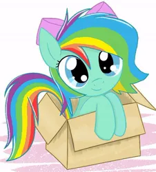 Size: 560x619 | Tagged: safe, artist:nuyadable, derpibooru import, oc, oc:emeraldbow, unofficial characters only, pegasus, pony, bow, box, cardboard box, colored, cute, female, filly, foal, hair bow, image, jpeg, mare, pegasus oc, pony in a box, smiling, solo, solo female, wings