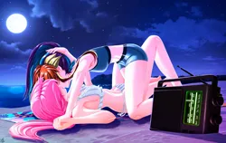 Size: 4386x2765 | Tagged: suggestive, alternate version, artist:mauroz, derpibooru import, fluttershy, rainbow dash, human, anime, bare shoulders, beach, beach babe, bedroom eyes, bikini, breasts, clothes, commission, duo, female, flutterdash, holding hands, humanized, image, kissing, lesbian, moon, night, png, radio, shipping, sideboob, sleeveless, straddling, swimsuit