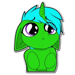 Size: 1024x1024 | Tagged: safe, artist:furrysticker, derpibooru import, oc, oc:green byte, pony, unicorn, commission, eye clipping through hair, floppy ears, image, male, png, puppy dog eyes, sad, simple background, stallion, sticker, transparent background, ych result
