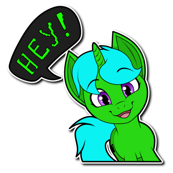 Size: 1024x1024 | Tagged: safe, artist:furrysticker, derpibooru import, oc, oc:green byte, pony, unicorn, commission, eye clipping through hair, hey, image, looking at you, male, open mouth, png, simple background, speech bubble, stallion, sticker, transparent background, ych result