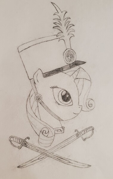 Size: 2012x3189 | Tagged: safe, artist:ceffyl-dŵr, derpibooru import, rarity, pony, ancient wonderbolts uniform, clothes, hat, image, jpeg, sgt. rarity, sword, traditional art, uniform, weapon