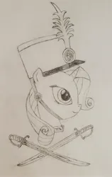 Size: 2012x3189 | Tagged: safe, artist:ceffyl-dŵr, derpibooru import, rarity, pony, ancient wonderbolts uniform, clothes, hat, image, jpeg, sgt. rarity, sword, traditional art, uniform, weapon