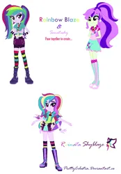 Size: 848x1216 | Tagged: safe, artist:prettycelestia, artist:sonatablaze, derpibooru import, aria blaze, fluttershy, rainbow dash, sonata dusk, belt buckle, boots, clothes, eyeshadow, fusion, gem, high heel boots, image, jewelry, makeup, miniskirt, multicolored hair, multiple arms, png, ring, shoes, siren gem, skirt, socks, stockings, thigh highs