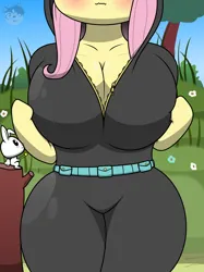 Size: 1662x2217 | Tagged: suggestive, artist:mattyk2345, derpibooru import, angel bunny, fluttershy, anthro, pegasus, rabbit, animal, arm hooves, belt, big breasts, blushing, bodysuit, breast hold, breasts, busty fluttershy, cleavage, clothes, costume, curvy, dangerous mission outfit, female, flower, flutterthighs, goggles, head out of frame, hidden eyes, hoodie, image, log, png, solo focus, thick, thighs, thunder thighs, tight clothing, wardrobe malfunction, watermark, wavy mouth, wide hips, zipper