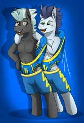Size: 3345x4916 | Tagged: suggestive, artist:tacomytaco, derpibooru import, soarin', thunderlane, pegasus, pony, belly button, bipedal, blue underwear, briefs, clothes, gay, gradient background, image, looking at each other, looking at someone, male, males only, partial nudity, png, shipping, side hug, smiling, soarilane, topless, underwear, wedgie