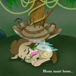 Size: 1000x1000 | Tagged: safe, artist:toadstool-prancer, derpibooru import, doctor whooves, time turner, oc, oc:tantamount, pony, disguise, disguised changeling, flower, image, mushroom, png, sleeping, solo, tantamount time turner, tree