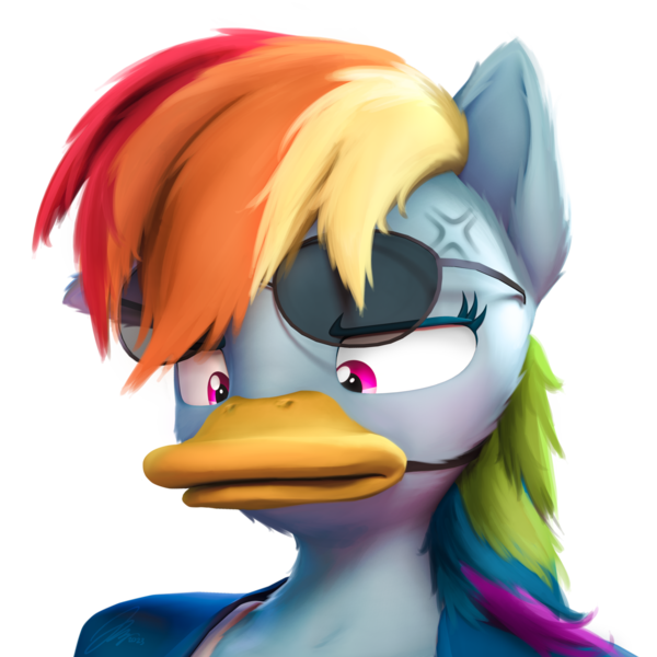 Size: 2000x2000 | Tagged: safe, artist:imafutureguitarhero, derpibooru import, rainbow dash, anthro, bird, duck, pegasus, pony, 3d, aviator sunglasses, bust, cheek fluff, chest fluff, clothes, colored eyebrows, colored eyelashes, cross-popping veins, duck bill, ear fluff, emanata, female, floppy ears, fluffy, fluffy hair, fluffy mane, funny, fur, glasses, glasses off, high res, image, jacket, literal duck face, mare, multicolored hair, multicolored mane, neck fluff, one ear down, paintover, png, rainbow dash is not amused, rainbow duck, revamped anthros, revamped ponies, simple background, solo, source filmmaker, sunglasses, tanktop, transparent background, unamused