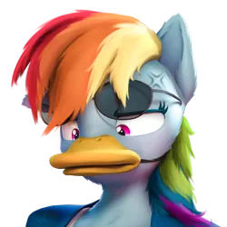Size: 2000x2000 | Tagged: safe, artist:imafutureguitarhero, derpibooru import, rainbow dash, anthro, bird, duck, pegasus, pony, 3d, aviator sunglasses, bust, cheek fluff, chest fluff, clothes, colored eyebrows, colored eyelashes, cross-popping veins, duck bill, ear fluff, emanata, female, floppy ears, fluffy, fluffy hair, fluffy mane, funny, fur, glasses, glasses off, high res, image, jacket, literal duck face, mare, multicolored hair, multicolored mane, neck fluff, one ear down, paintover, png, rainbow dash is not amused, rainbow duck, revamped anthros, revamped ponies, simple background, solo, source filmmaker, sunglasses, tanktop, transparent background, unamused