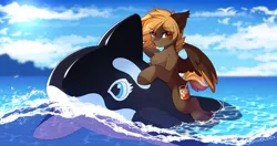 Size: 2096x1105 | Tagged: safe, artist:airiniblock, derpibooru import, oc, oc:longshot, unofficial characters only, orca, pegasus, image, ocean, pegasus oc, png, pool toy, rcf community, sky, sun, water, wings