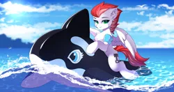 Size: 2096x1105 | Tagged: safe, artist:airiniblock, derpibooru import, oc, oc:swift apex, unofficial characters only, orca, pegasus, image, ocean, pegasus oc, png, pool toy, rcf community, sky, sun, water, wings