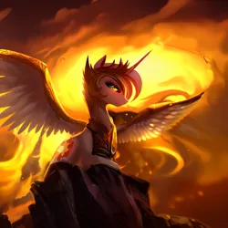 Size: 1536x1536 | Tagged: safe, derpibooru import, editor:mr-bat, machine learning generated, stable diffusion, daybreaker, alicorn, pony, armor, breastplate, cliff, crown, depth of field, fire, horn, image, jewelry, looking at you, lying down, png, regalia, rock, spread wings, wings
