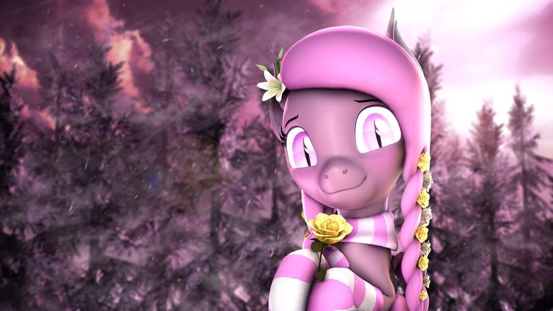 Size: 7680x4320 | Tagged: safe, artist:lagmanor, derpibooru import, lily, lily valley, oc, oc:wintergleam, unofficial characters only, bat pony, 3d, absurd file size, absurd resolution, bat ears, bat eyes, blurry background, blushing, braid, clothes, evening, flower, flower in hair, forest, glow, glowing eyes, holding, holding hooves, image, lens flare, looking at you, pine tree, pink eyes, pink hair, png, revamped ponies, rose, scarf, smiling, smiling at you, snow, snowfall, socks, solo, source filmmaker, striped socks, sunlight, tree, winter