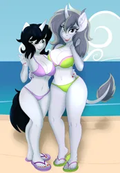 Size: 2154x3099 | Tagged: suggestive, artist:digiqrow, ponybooru import, oc, oc:corvinia, oc:hyperion, unofficial characters only, anthro, classical unicorn, plantigrade anthro, pony, unicorn, anthro oc, beach, belly button, big breasts, bikini, blushing, breasts, clothes, cloven hooves, duo, duo female, ear fluff, ears, eyes on the prize, feet, female, females only, flip-flops, freckles, image, implied lesbian, leonine tail, looking at someone, looking at something, looking at you, mare, png, size difference, swimsuit, unshorn fetlocks