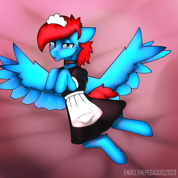 Size: 2000x2000 | Tagged: questionable, artist:endelthepegasus, derpibooru import, oc, oc:kladro, unofficial characters only, clothes, collar, crotch bulge, femboy, image, looking at you, maid, male, outfit, png, shy, solo, spread wings, tongue out, wings