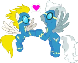 Size: 3694x3000 | Tagged: safe, artist:cloudyglow, derpibooru import, edit, silver lining, silver zoom, surprise, pony, clothes, crack shipping, duo, female, heart, image, male, png, shipping, silversurprise, simple background, speech bubble, straight, touching hooves, transparent background, uniform, vector, wonderbolts uniform