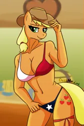 Size: 900x1350 | Tagged: suggestive, artist:deskmaniac, derpibooru import, applejack, anthro, earth pony, applejack's hat, bikini, breasts, cleavage, clothes, cowboy hat, eyebrows, eyelashes, female, flag bikini, green eyes, hair tie, hat, hips, image, leaning forward, looking at you, png, ponytail, smiling, solo, swimsuit, tail, texas, thighs, two-piece swimsuit
